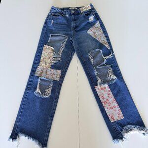 Almost Famous Wmns Jean Sz 1 Distressed Patchwork Raw Hem Y2K 90s Boho Thrashed